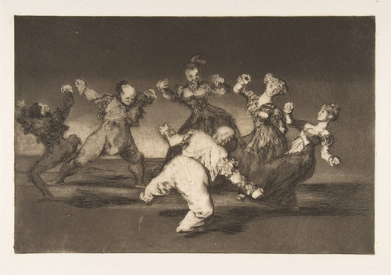 Tallrik 12 från Disparates: Om Marion kommer att dansa, då har hon..., ca. 1816-23 utgiven 1864. av Francisco de Goya