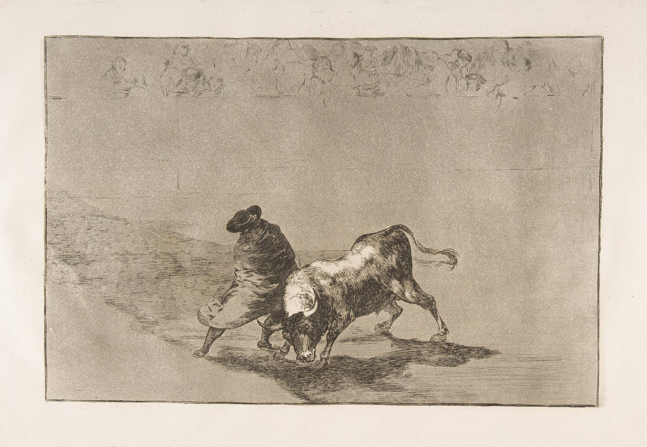 Tavla 14 från Tauromaquia: Den mycket skickliga eleven av Falces, insvept i sin udde..., 1816. av Francisco de Goya