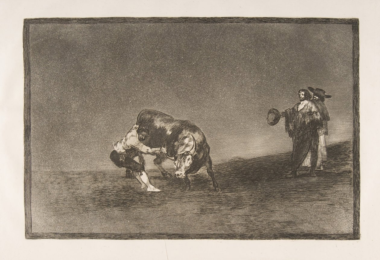 Tauromaquia skylt 16: Samma man kastar en tjur i ringen i Madrid, 1816. av Francisco de Goya