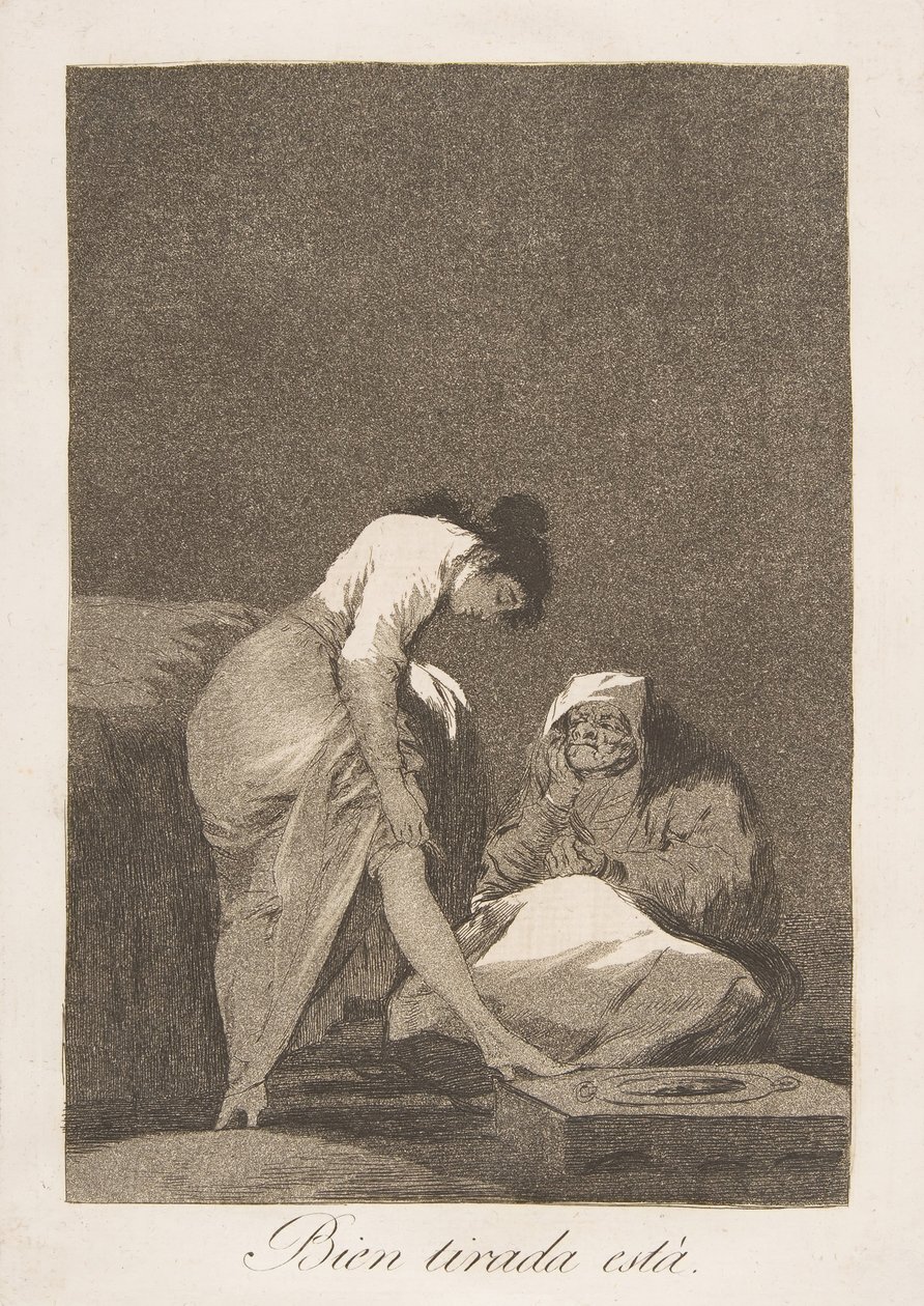 Skylt 17 från Los Caprichos: Det är fint sträckt Bien tirada está., 1799. av Francisco de Goya