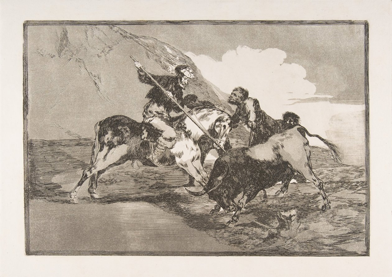 Platta 1 från The Tauromaquia: Sättet på vilket de gamla spanjorerna jagade tjurar på hor..., 1816. av Francisco de Goya