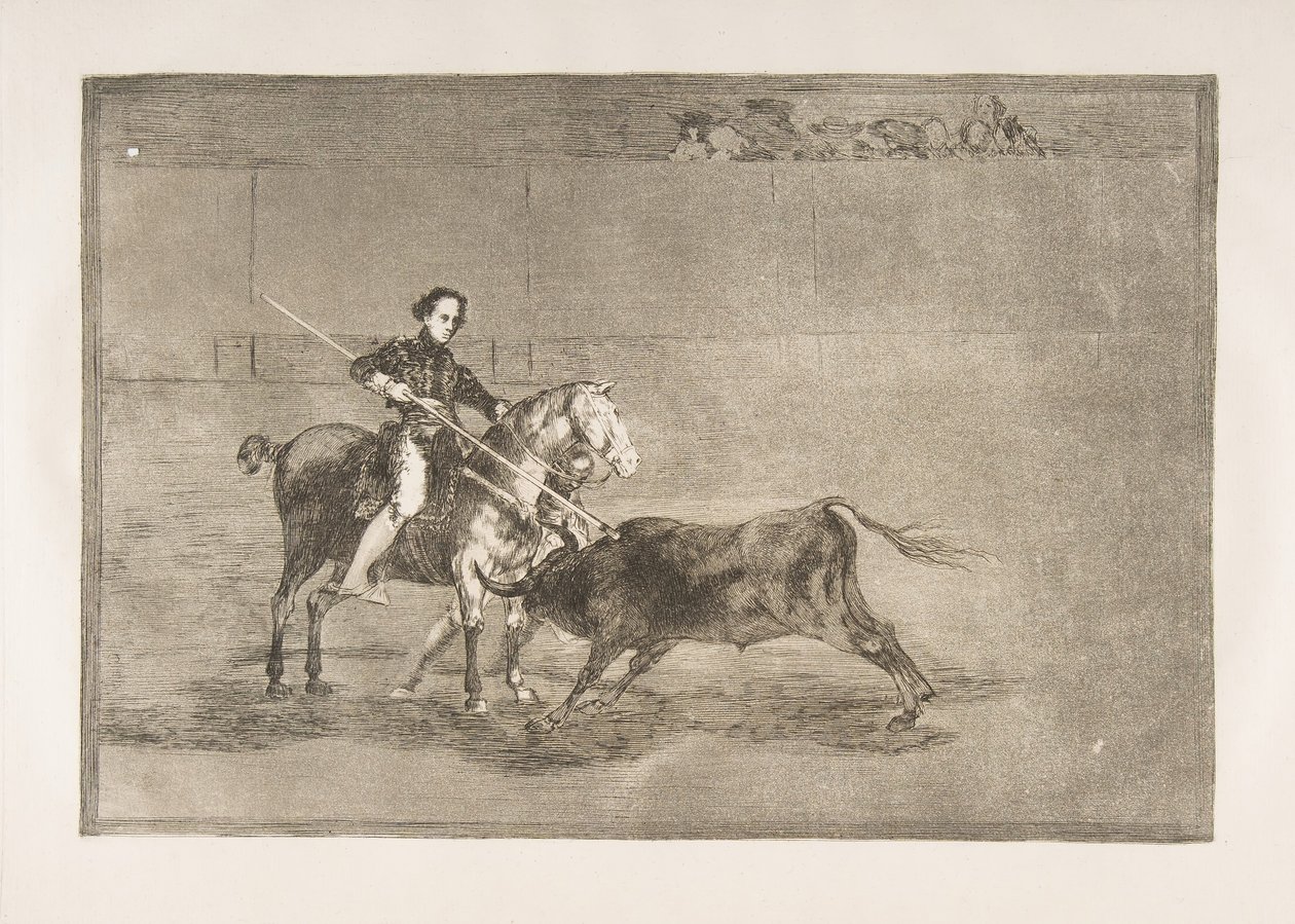 Plåt 22 från Tauromaquia: Manligt mod hos den berömda Pajuelera i [ringen] vid..., 1816. av Francisco de Goya