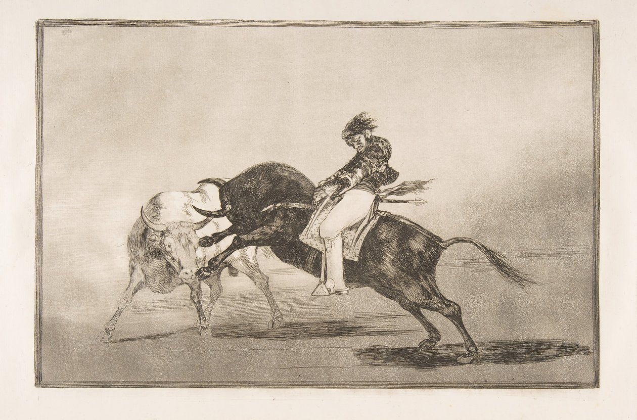 Tauromaquias skylt 24: Samma Ceballos monterad på en annan tjur bryter kort spea..., 1816. av Francisco de Goya