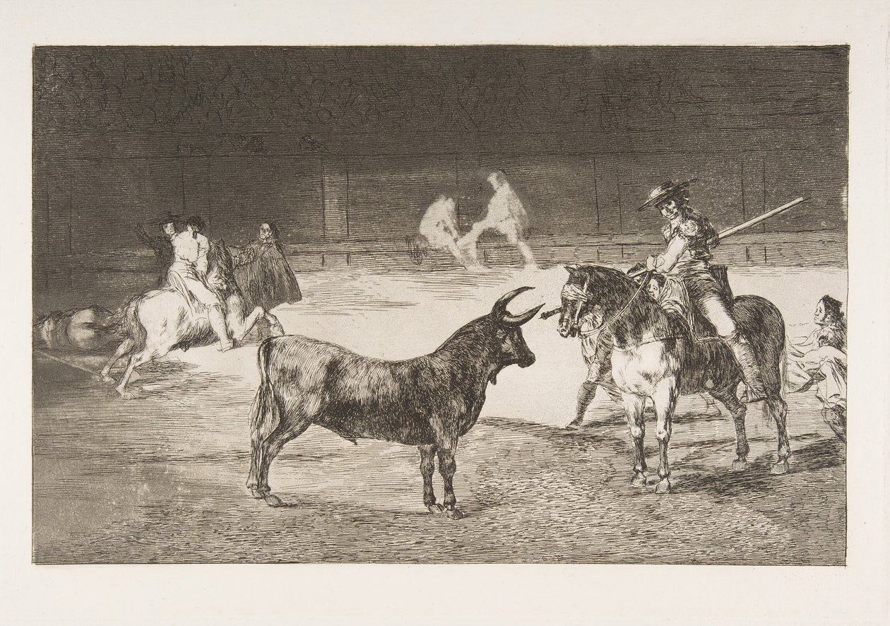 Tallrik 27 från Tauromachia: Den hyllade stinger, Fernando del Toro, ritar den häftiga..., av Francisco de Goya