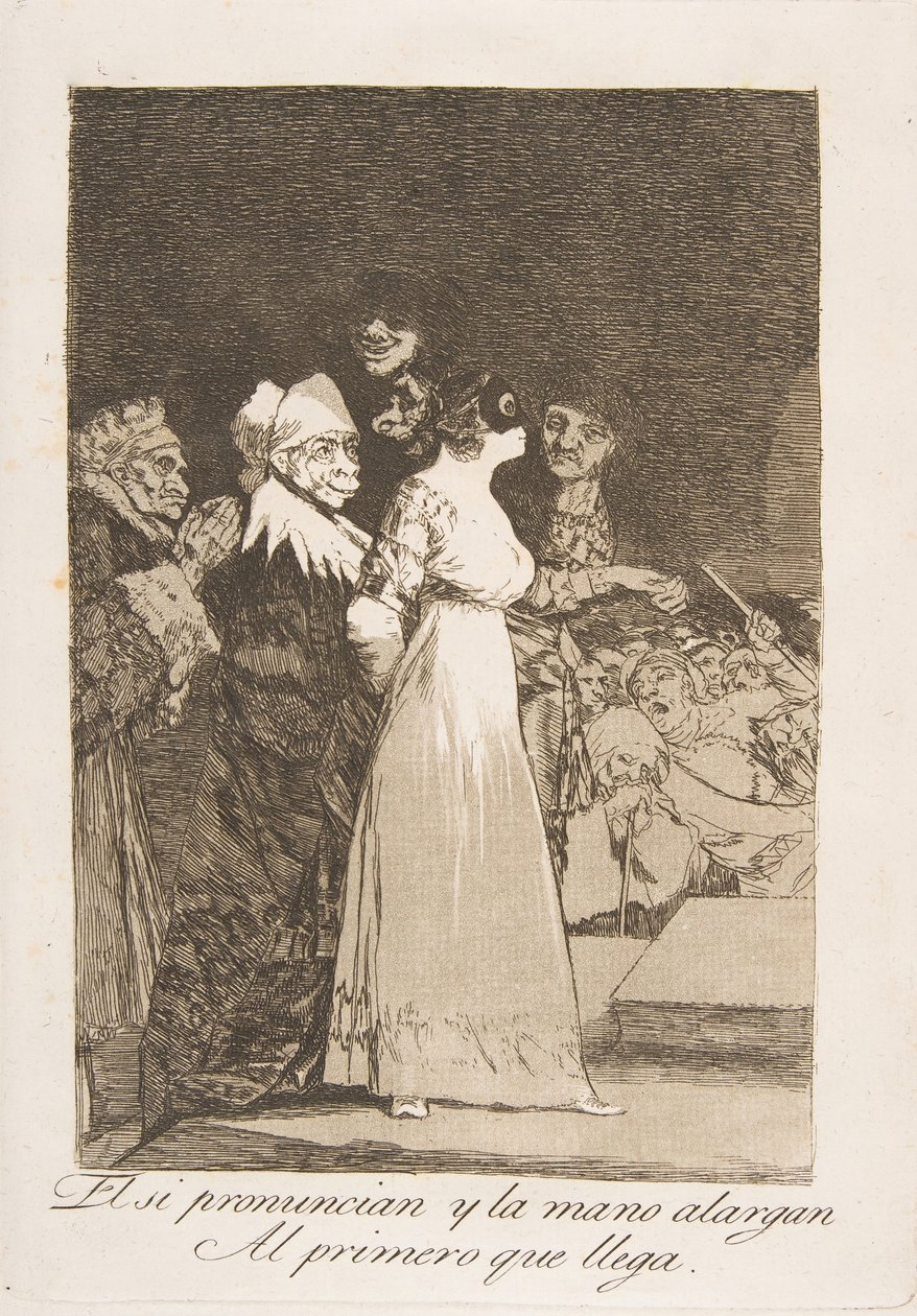 Tavla 2 från Los Caprichos: De säger ja och ger sin hand till den första som kom El si ..., 1799. av Francisco de Goya