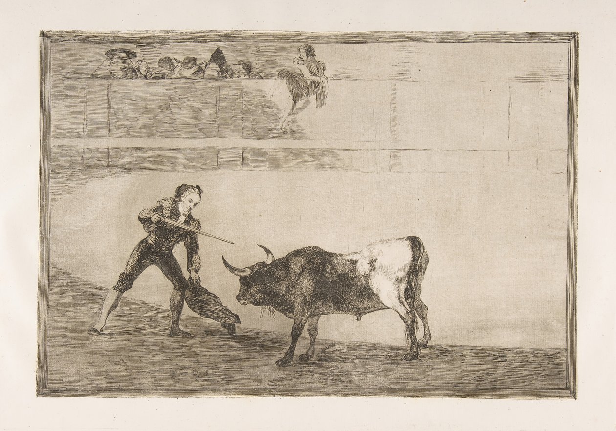Plåt 30 av Tauromachia: Peter Rosemary dödar den stoppade tjuren., av Francisco de Goya