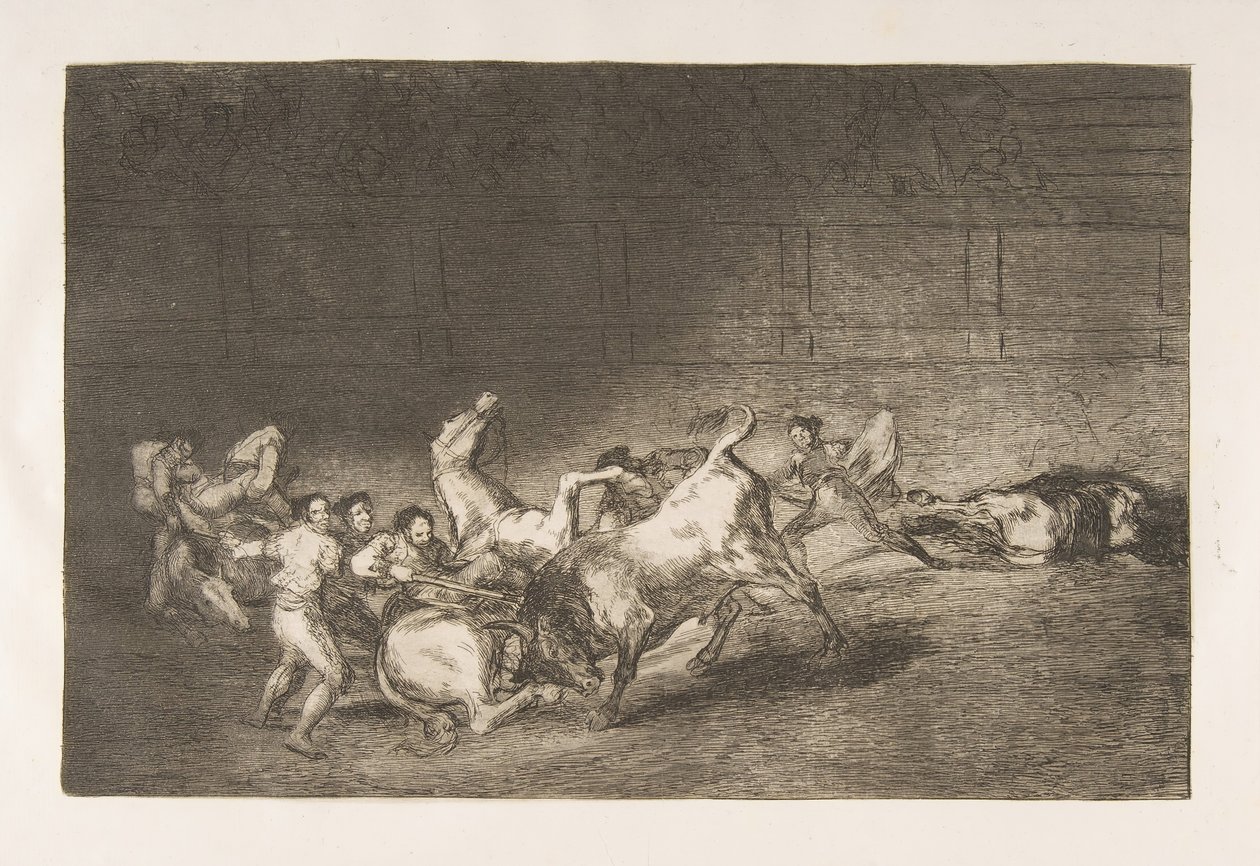 Skylt 32 från Tauromaquia:Två lag av picadorer kastade efter varandra av en sång..., 1816. av Francisco de Goya