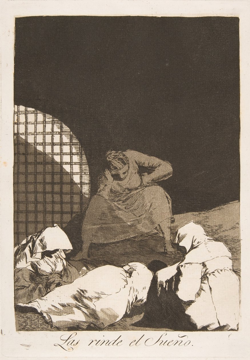 Tavla 34 från Los Caprichos: Sömnen övervinner dem Las rinde el Sueño., 1799. av Francisco de Goya