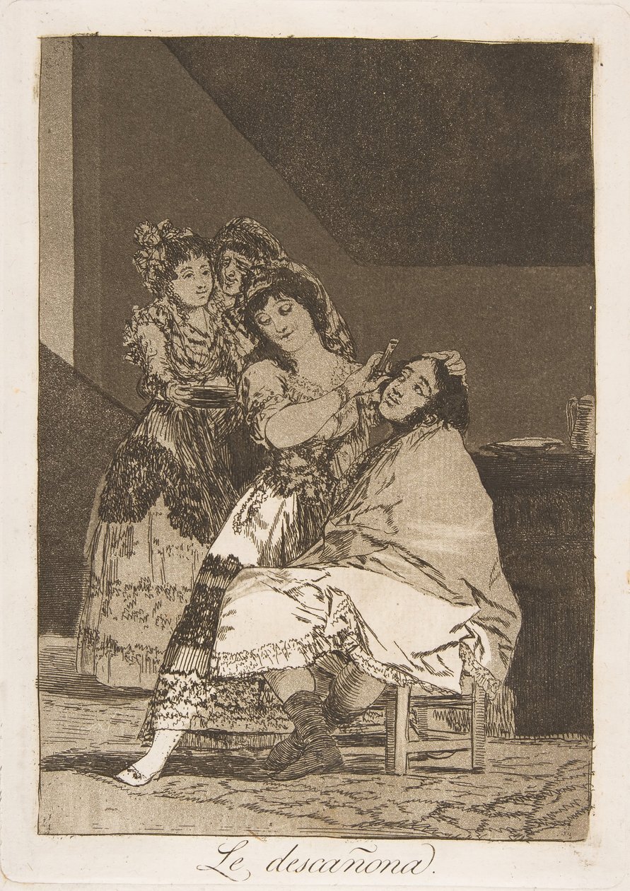 Plåt 35 från Los Caprichos: Hon fleeces honom Le descañona., 1799. av Francisco de Goya