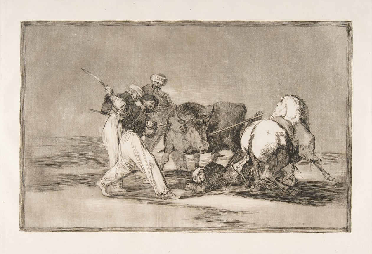Plåt 3 av Tauromaquia: Morerna bosatte sig i Spanien och gav upp vidskepligheten från ..., 1816. av Francisco de Goya
