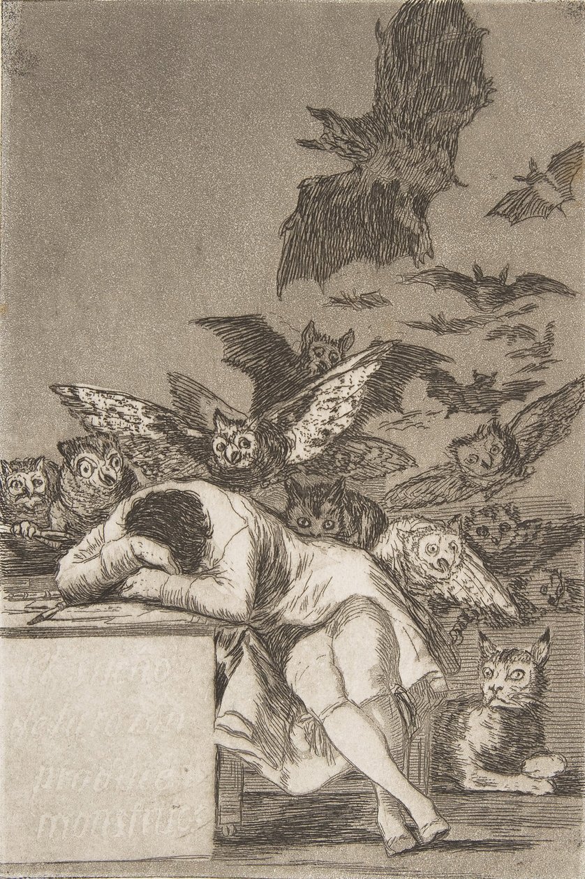 Plåt 43 från Los Caprichos: Förnuftets sömn producerar monster E..., 1799, publicerad 1908-12. av Francisco de Goya