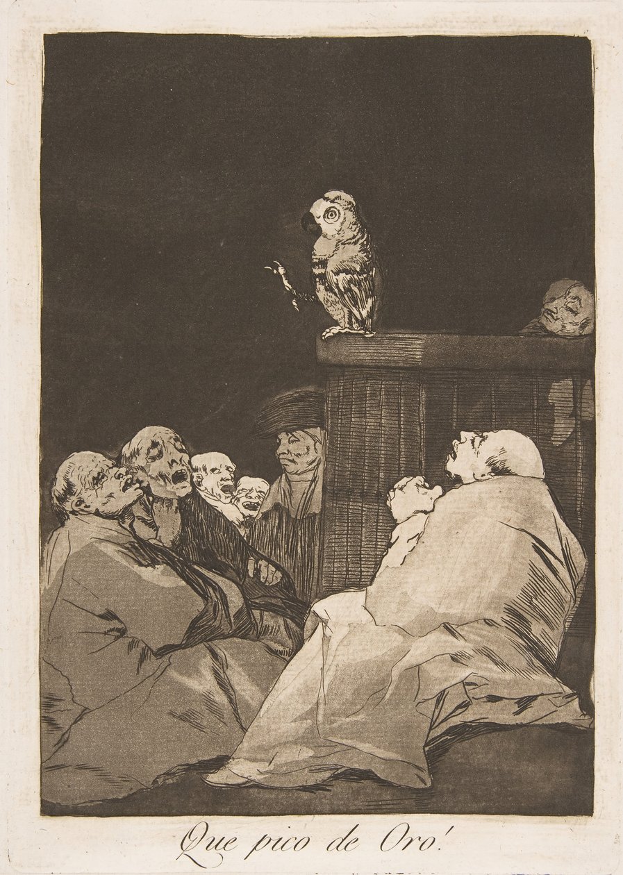 Tallrik 53 från Los Caprichos: Vilken gyllene näbb! Que pico de Oro!, 1799. av Francisco de Goya