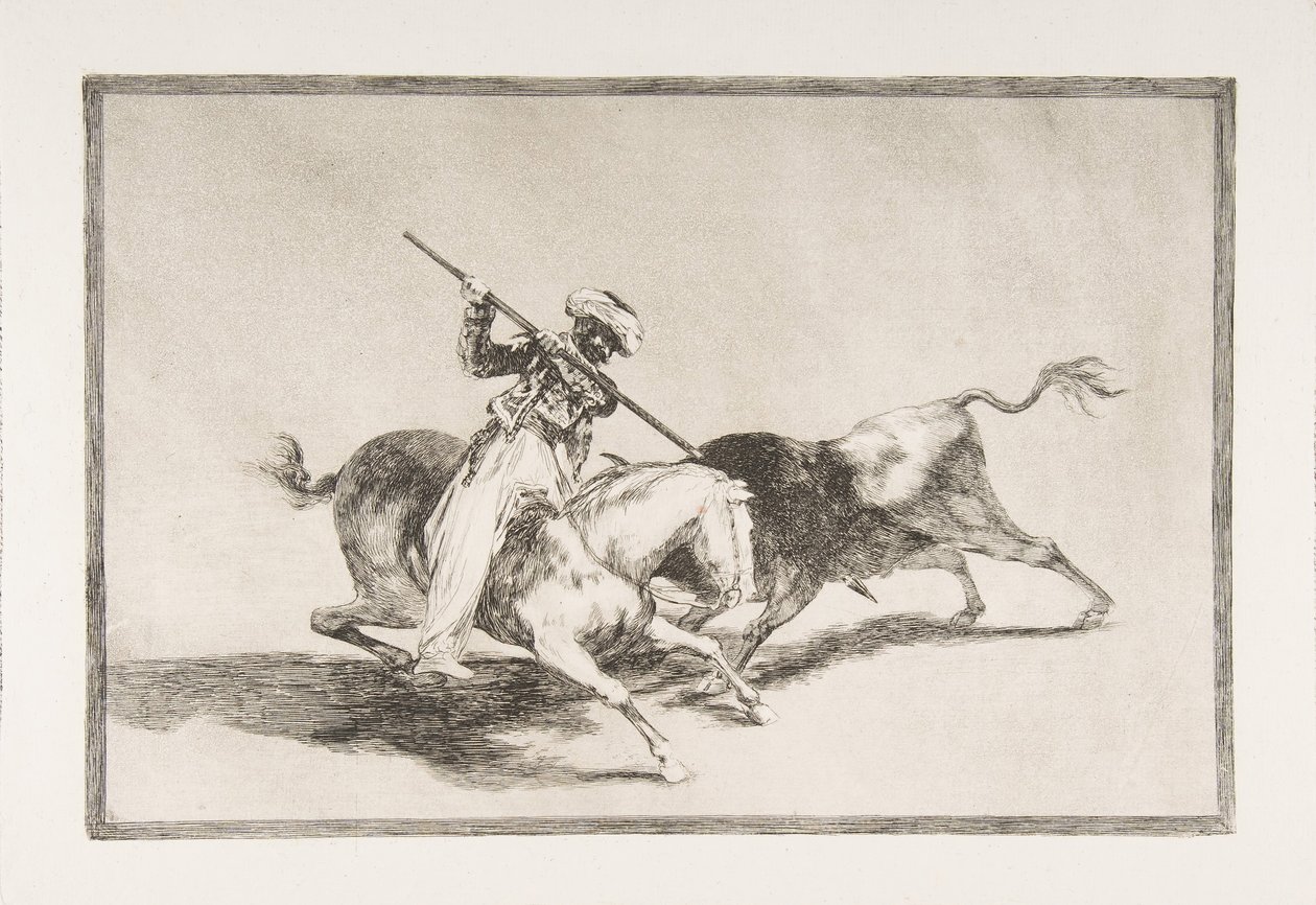 Tavla 5 från The Tauromaquia: The spirited Moor Gazul är den första att spjuta tjurar överens..., 1816. av Francisco de Goya