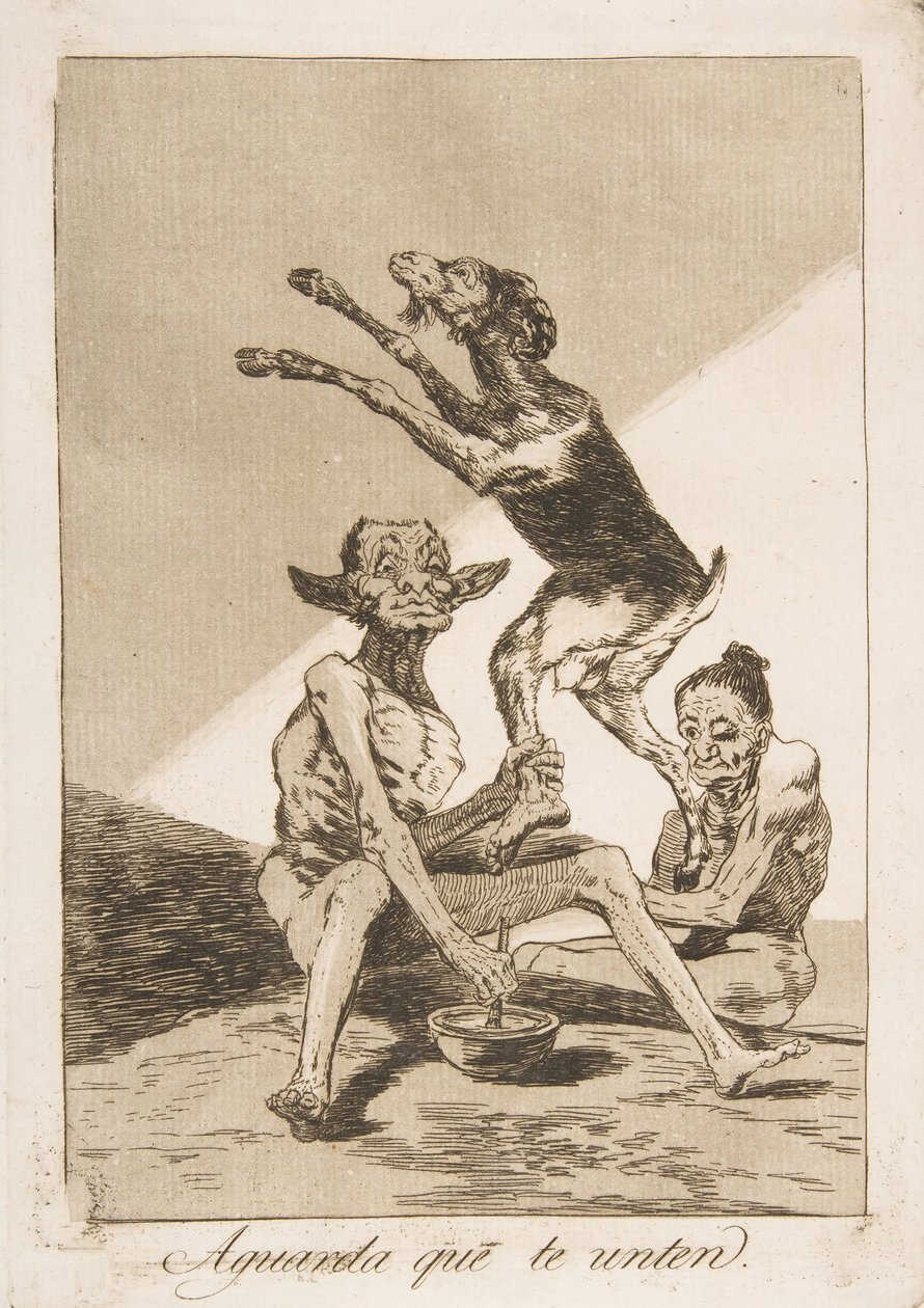 Plåt 67 från Los Caprichos: Vänta tills du blivit smord till Aguarda que te unten., 1799. av Francisco de Goya