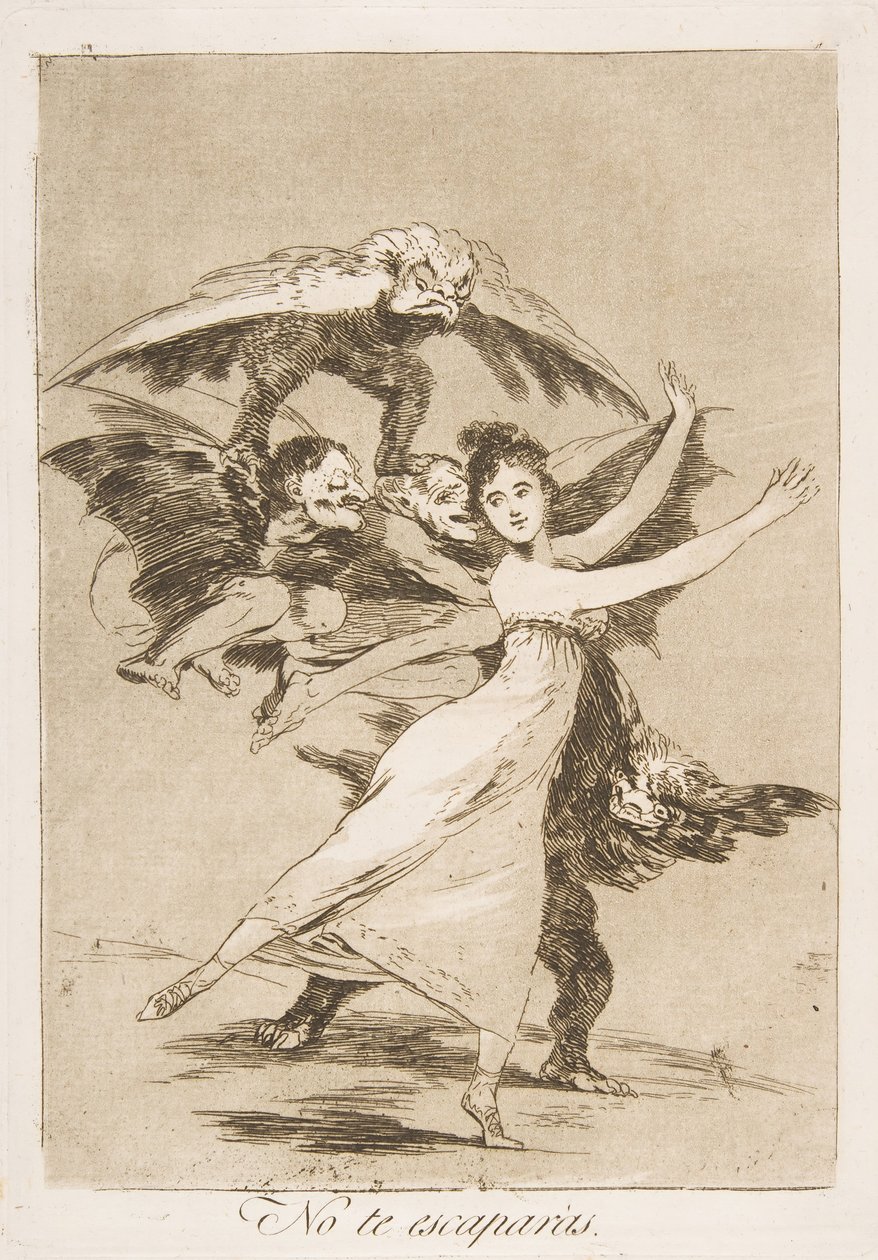 Tavla 72, från Los Caprichos: Du kommer inte att undkomma No te escaparàs., 1799. av Francisco de Goya