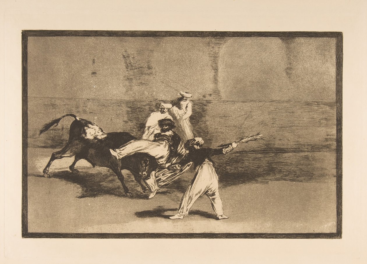 Plåt 8 från Tauromaquia: En hed som fångats av tjuren i ringen, ca. 1816. av Francisco de Goya