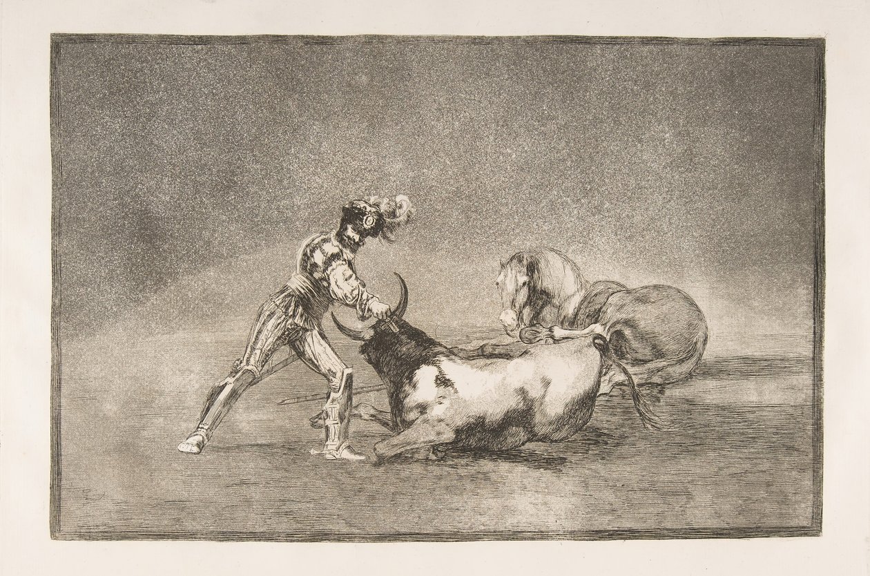 Tauromaquia skylt 9: En spansk riddare dödar tjuren efter att ha förlorat sin häst., 1816. av Francisco de Goya