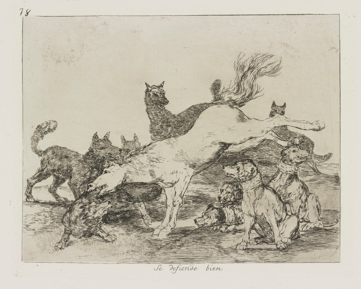 Han försvarar sig bra. (Han försvarar sig väl.), pl. 78 från serien The Disasters of War av Francisco de Goya