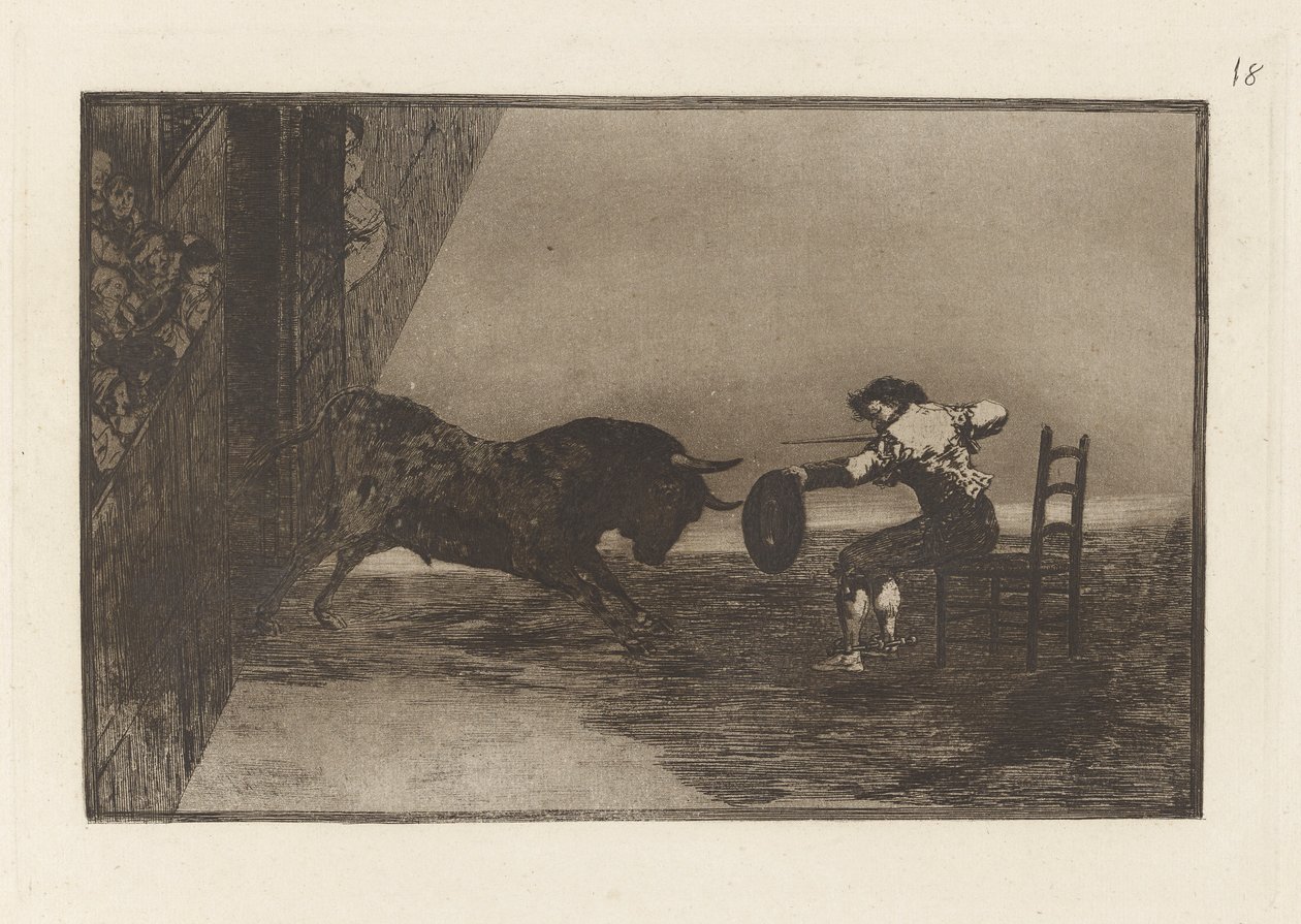 Temeridad de Martincho en la plaza de Zaragoza (Martinchos våga i ringen i Zaragoza), tavla 18 från La tauromaquia av Francisco de Goya