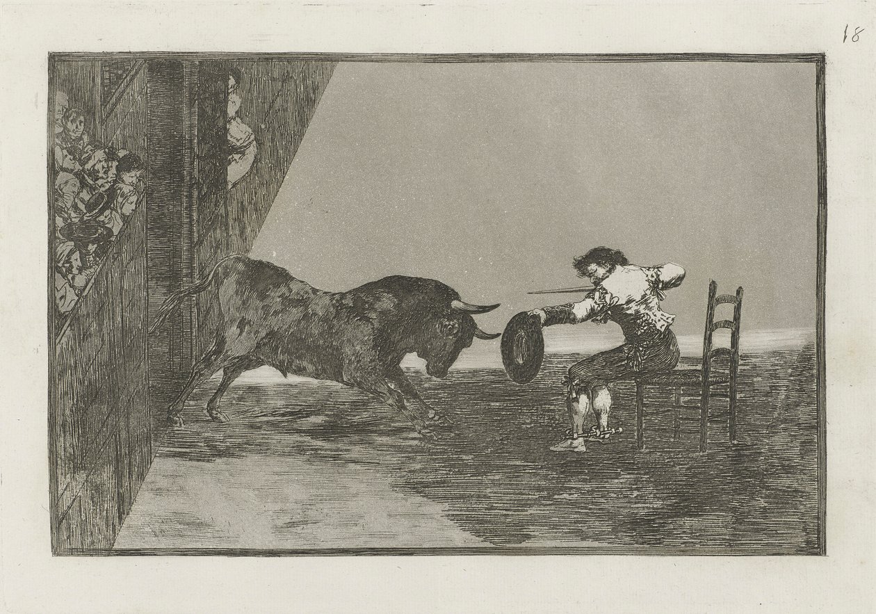 Temeridad de Martincho en la plaza de Zaragoza (Martinchos våga i ringen i Zaragoza), tavla 18 från La tauromaquia av Francisco de Goya
