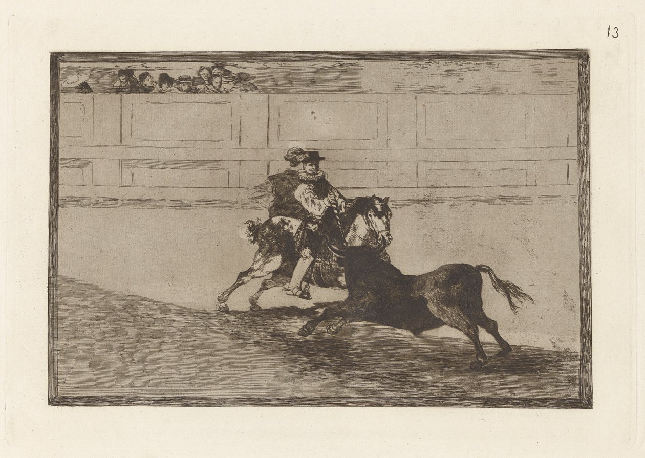 Un caballero espa?ol en plaza quebrando rejoncillos sin auxilio de los chulos (En spansk riddare i ringen bryter korta spjut utan hjälp av assistenter), skylt 13 från La tauromaquia av Francisco de Goya