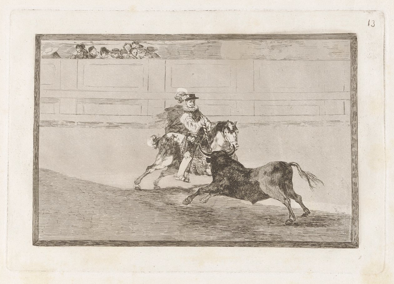 Un caballero espa?ol en plaza quebrando rejoncillos sin auxilio de los chulos (En spansk riddare i ringen bryter korta spjut utan hjälp av assistenter), skylt 13 från La tauromaquia av Francisco de Goya