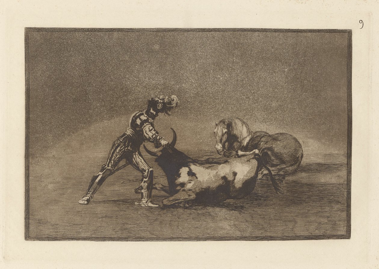 En spansk riddare dödar tjuren efter att ha förlorat sin häst (En spansk riddare dödar tjuren efter att ha förlorat sin häst), tavla 9 från La tauromaquia av Francisco de Goya
