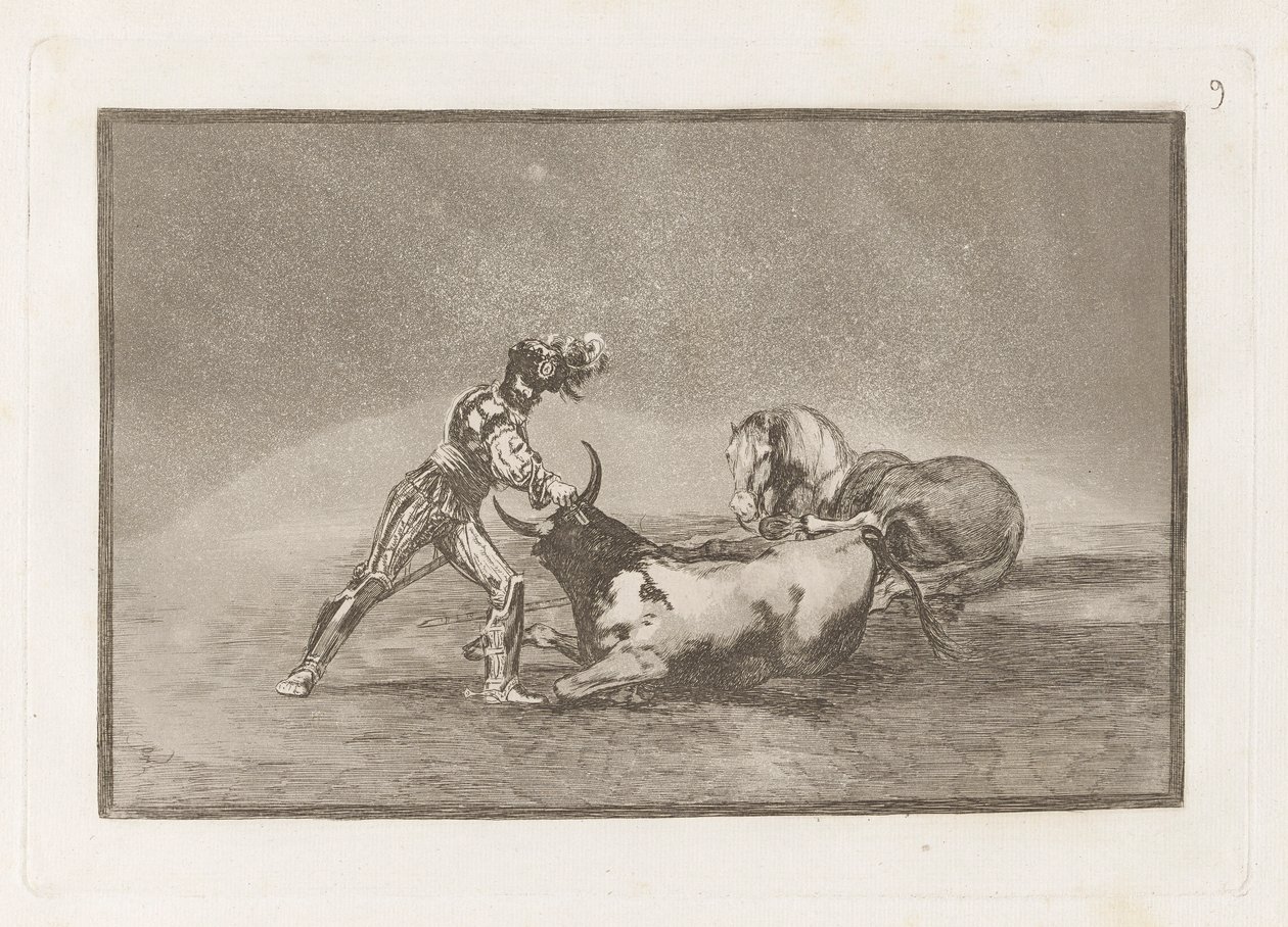 En spansk riddare dödar en tjur efter att ha förlorat sin häst (En spansk riddare dödar tjuren efter att ha förlorat sin häst), Plåt 9 från La tauromaquia av Francisco de Goya