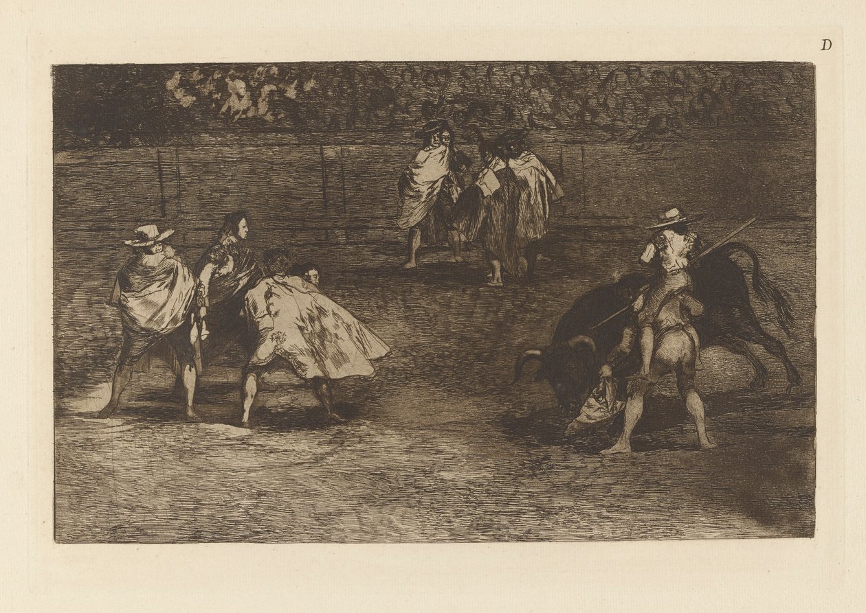En tjurfäktare rider på d?n chulos axlar av Francisco de Goya