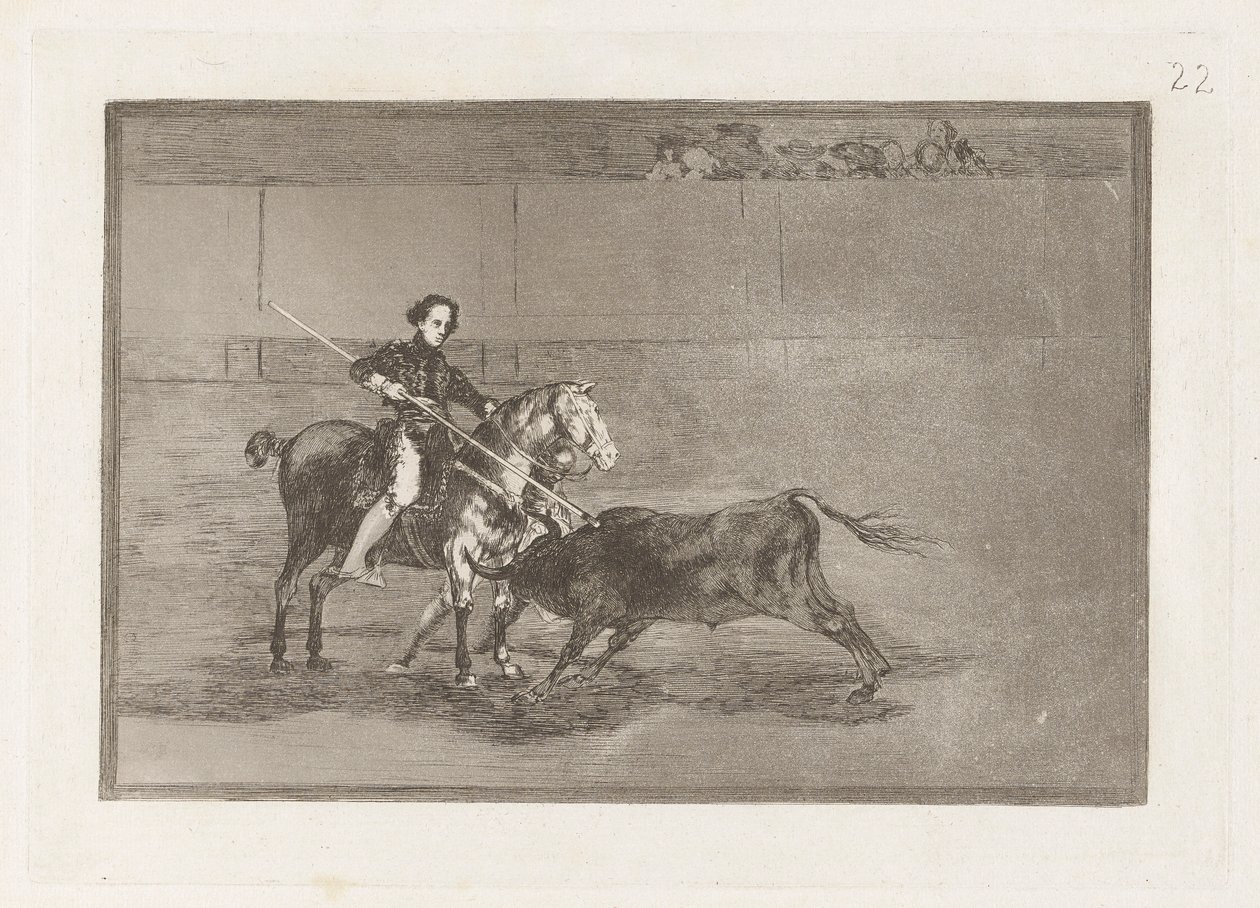 Valor manil de la c?lebre Pajuelera en la de Zaragoza (Manly Courage of the Celebrated Pajuelera in [ringen] i Zaragossa), tavla 22 från La tauromaquia av Francisco de Goya