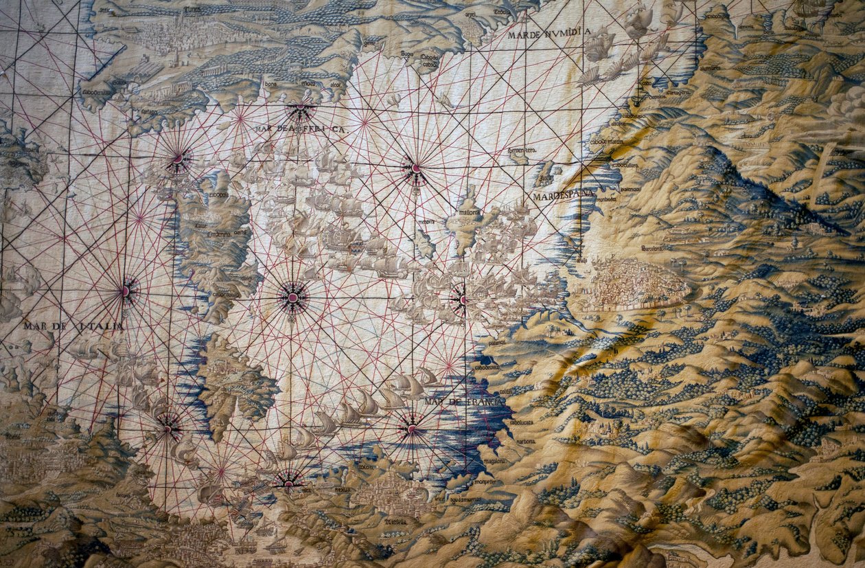 Karta över Medelhavet - Detalj av erövringen av Tunis (Tunisien) - Gobeläng av Francisco och Cornelius Van der Ggot (1700-talet), invävd i den kungliga gobelängfabriken, mitten av 1700-talet, efter gobelängen på 1500-talet av Willem de Pannema av Francisco Ignacio Vandergoten Canyuwell