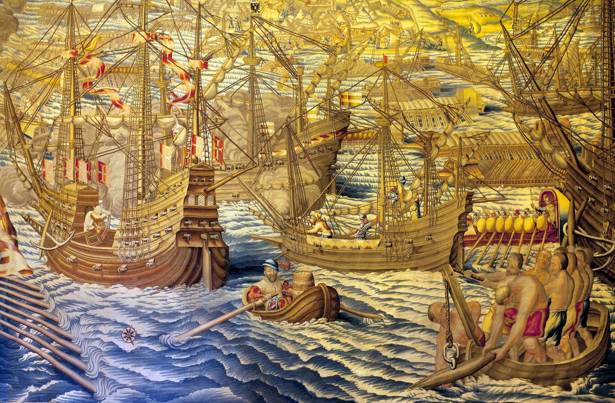 Skeppen och barken - Detalj av erövringen av Tunis (Tunisien) - Gobeläng av Francisco och Cornelius Van der Ggot (1700-talet), invävd i den kungliga gobelängfabriken, mitten av 1700-talet, efter 1500-talets gobeläng av Willem de Pannemaker - (Tun av Francisco Ignacio Vandergoten Canyuwell