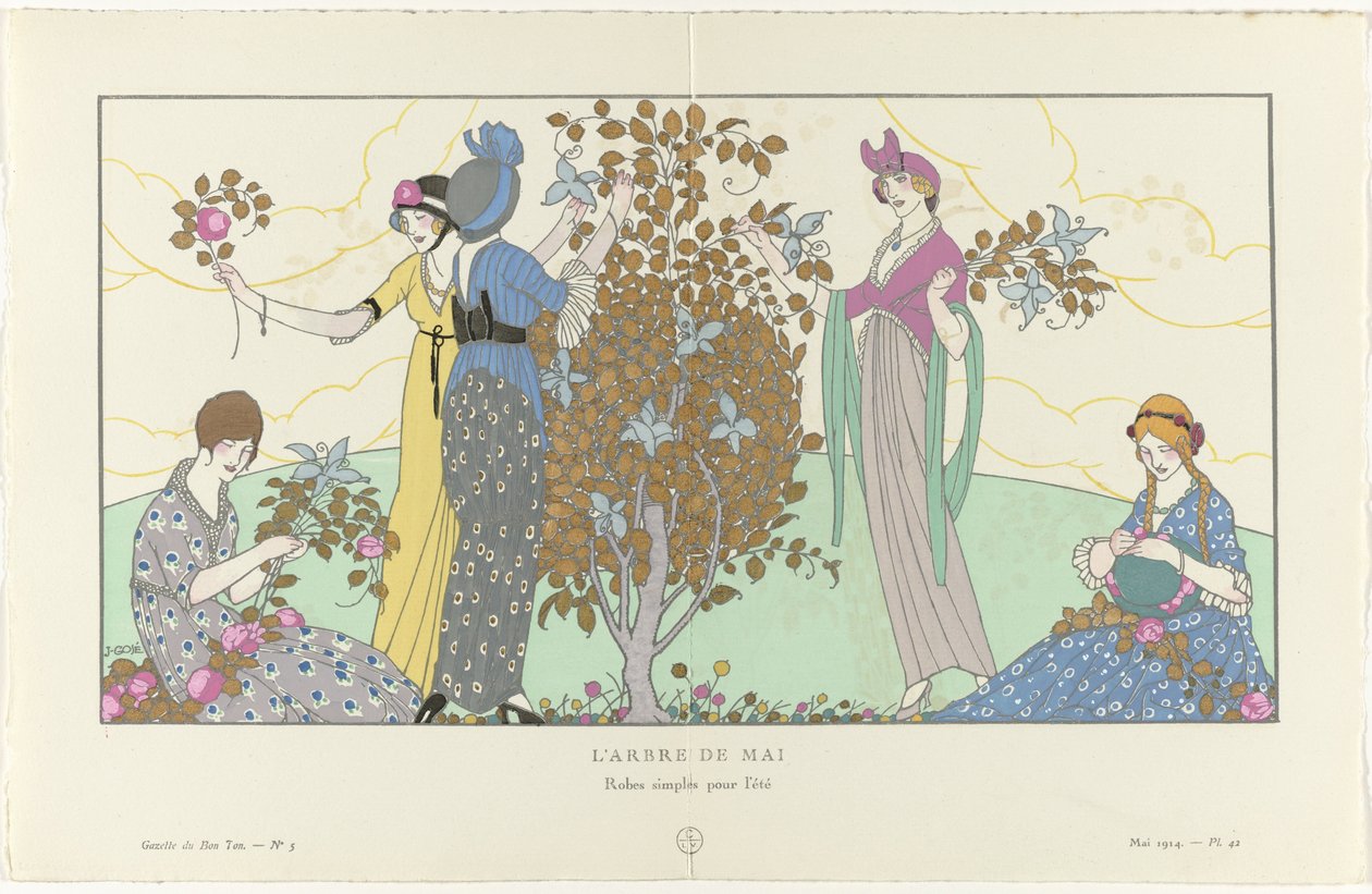 Gazette du Bon Ton, 1914 - nr 5, pl. 42: Majstången / Enkla klänningar för sommaren (titel på objektet) av Francisco Javier Gosé