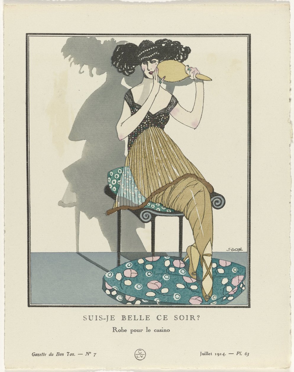 Gazette du Bon Ton. Konst – Modes & Frivolities: Artists Gazette du Bon Ton, 1914, nr 7, pl 63: Är jag vacker ikväll? / Klänning för kasinot (titel på objekt) av Francisco Javier Gosé