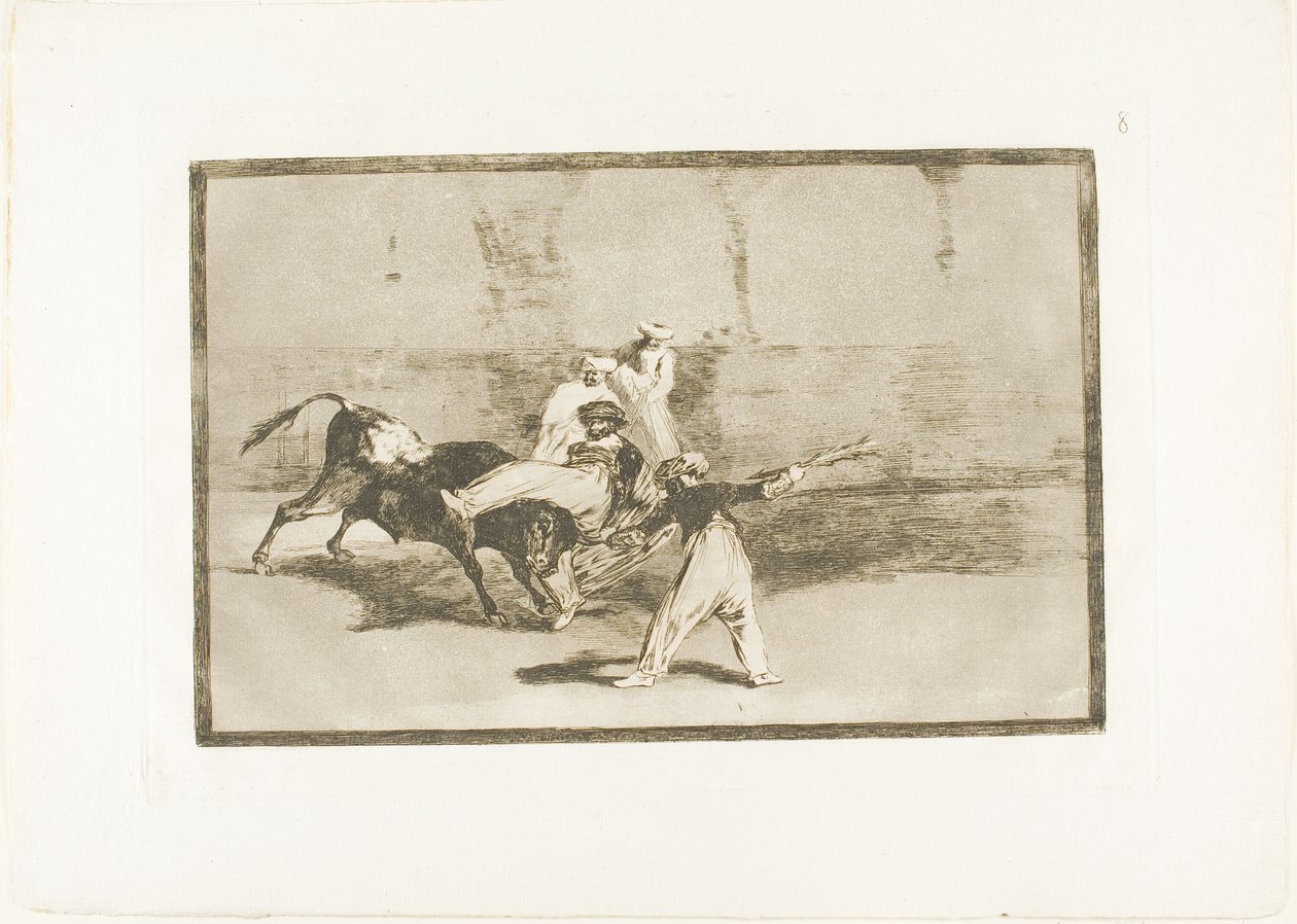 A Moor Cathed by the Bull in the Ring, skylt 8 från The Art of Bullfighting av Francisco Jose de Goya y Lucientes