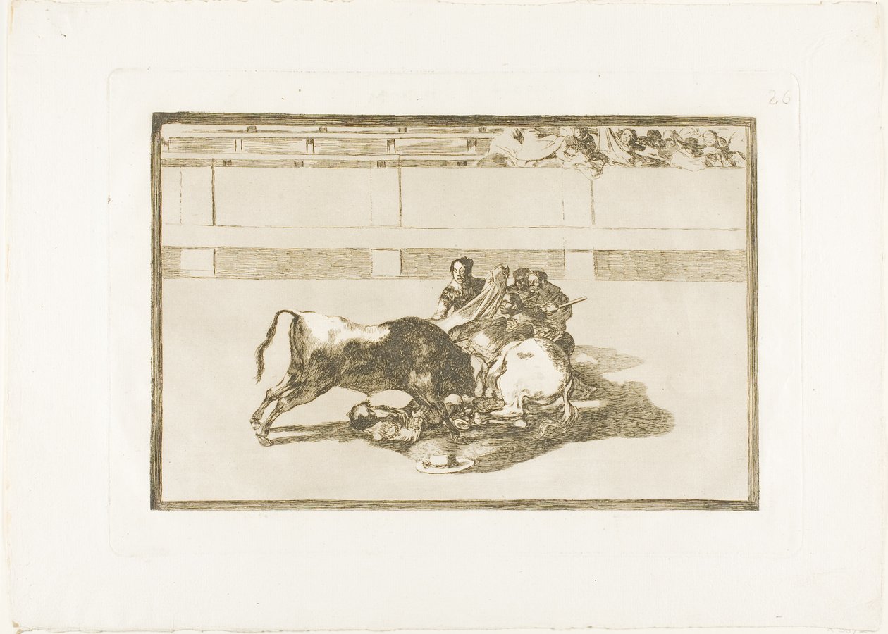 En Picador är avhäst och faller under tjuren, skylt 26 från The Art of Bullfighting av Francisco Jose de Goya y Lucientes