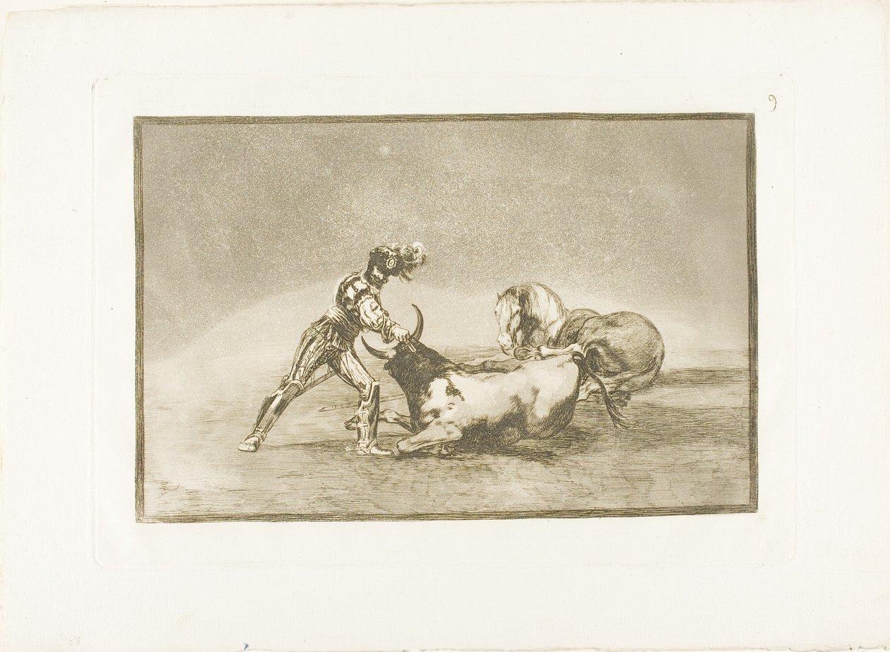 En spansk riddare dödar tjuren efter att ha förlorat sin häst, skylt nio från The Art of Bullfighting av Francisco Jose de Goya y Lucientes