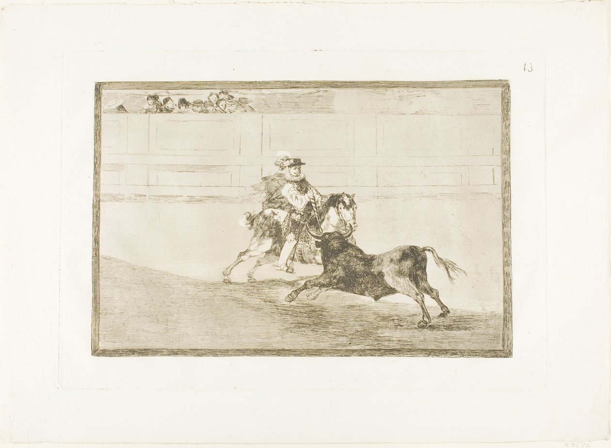 En spansk riddare i ringen som bryter korta spjut utan hjälp av assistenter, skylt 13 från The Art of Bullfighting av Francisco Jose de Goya y Lucientes