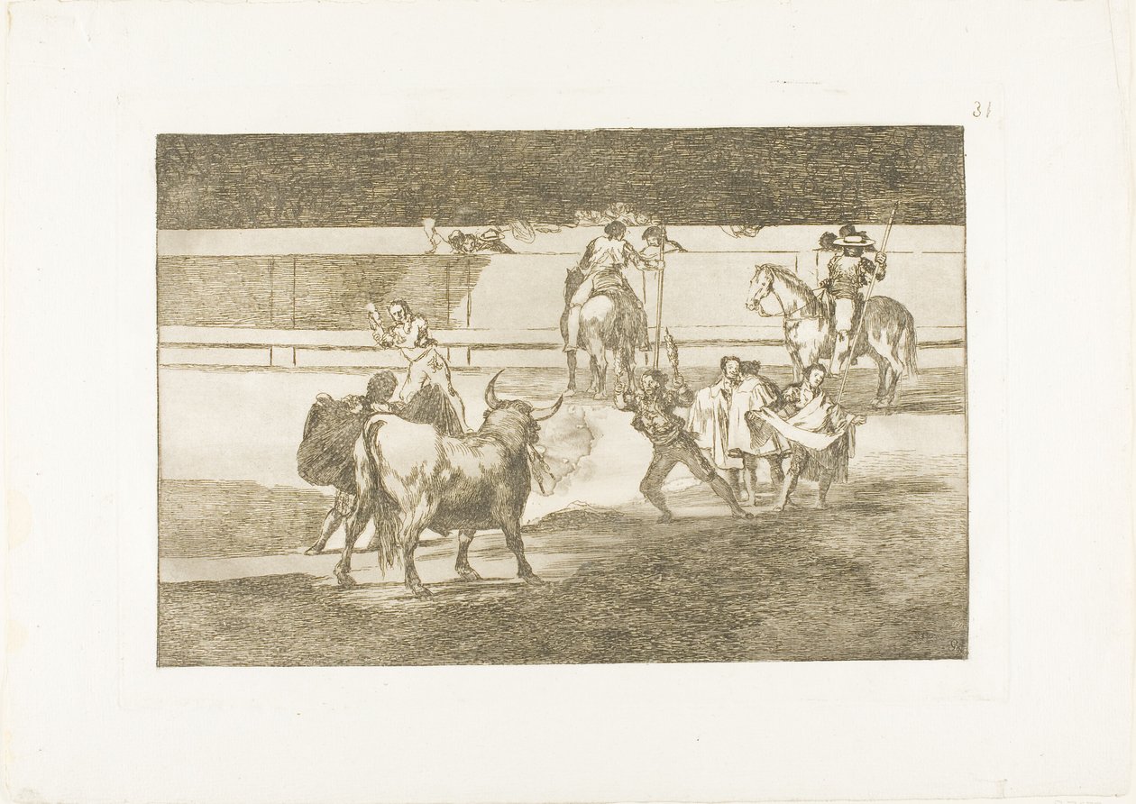 Banderillas med smällare, tallrik 31 från The Art of Bullfighting av Francisco Jose de Goya y Lucientes