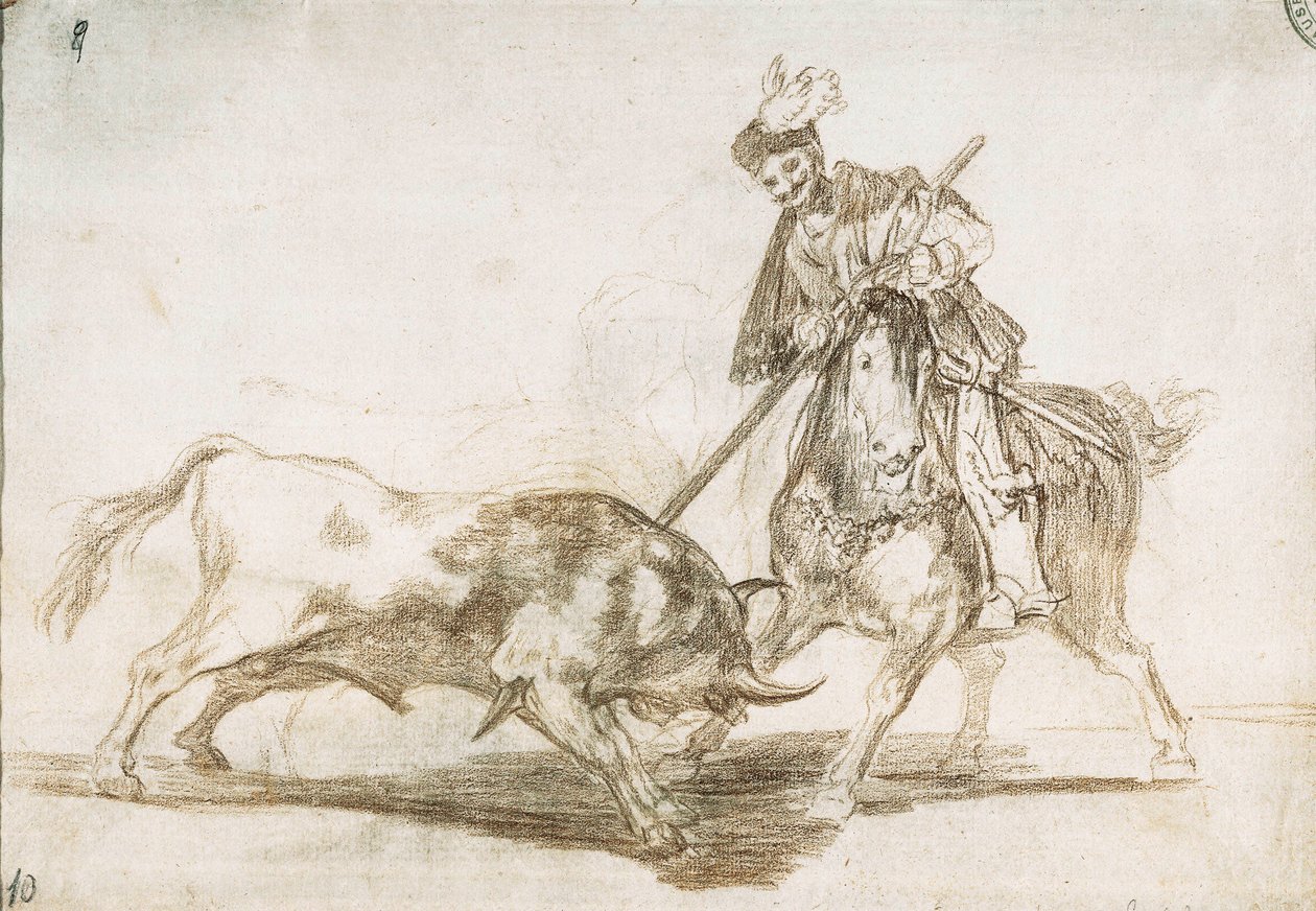 Tjurfäktning: Cid genomborrar en annan tjur från sitt spjut 1815-16 (förberedande ritning) av Francisco de Goya