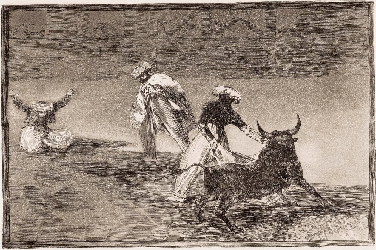 Tjurfäktning: Morerna spelar udden med en annan tjur i en inhägnad av Francisco de Goya