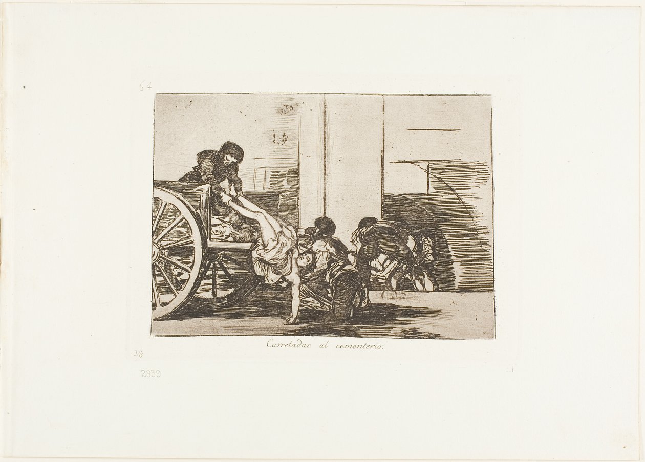 Vagnarlaster till kyrkogården, skylt 64 från The Disasters of War av Francisco Jose de Goya y Lucientes