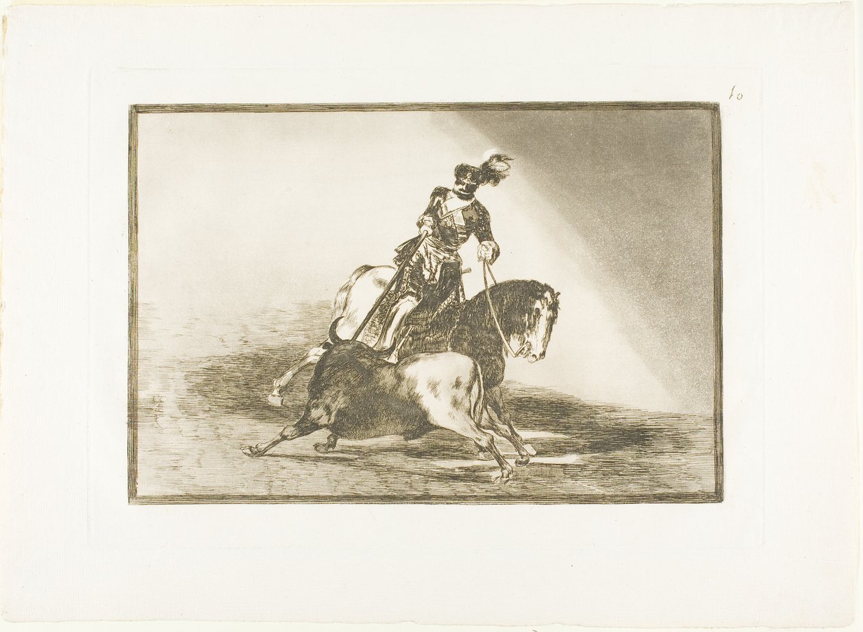 Karl V spjutar en tjur i ringen vid Valladolid, tallrik tio från The Art of Bullfighting av Francisco Jose de Goya y Lucientes