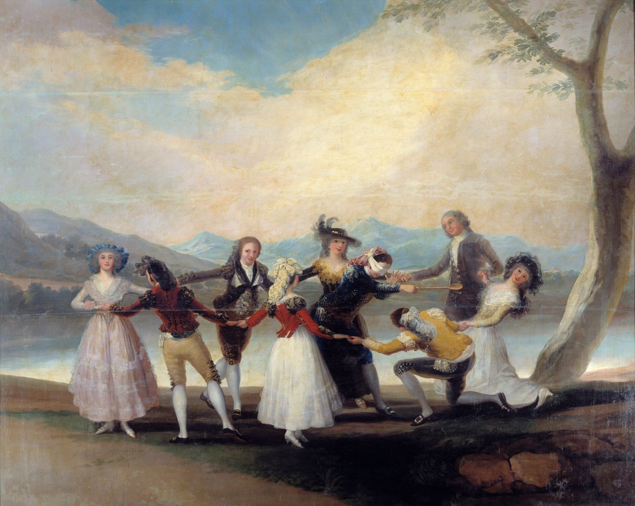 Colin Maillard (Colin-Maillard) spelet med den blinda hönan. Ungdomar dansar runt den som har randiga ögon. Målning av Francisco De Goya (1746-1828) av Francisco de Goya