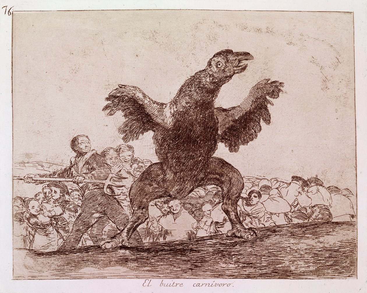 Krigets Destres: "" Den köttätande gamen"" Representation av anhängarna av Ferdinand VII av Spaniens monarki som djur. Etsning n.76 av Francisco de Goya y Lucientes (1746-1828). 1810-1812. Madrid. Pradomuseet av Francisco de Goya