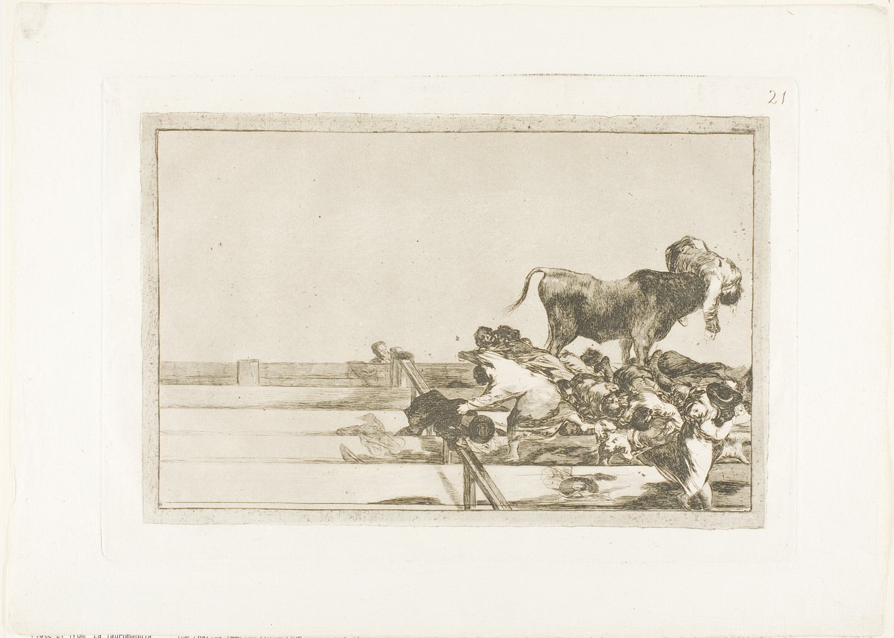 Fruktansvärda händelser på de främre raderna i ringen i Madrid, och borgmästarens död i Torrejón, skylt 21 från The Art of Bullfighting av Francisco Jose de Goya y Lucientes
