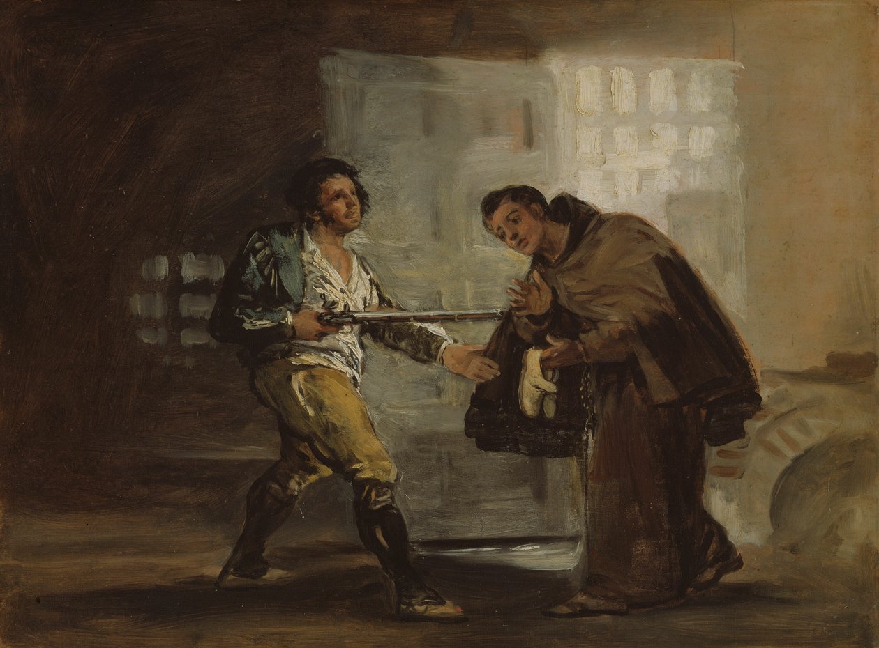 Broder Pedro erbjuder skor till El Maragato och förbereder sig för att skjuta undan hans pistol av Francisco Jose de Goya y Lucientes