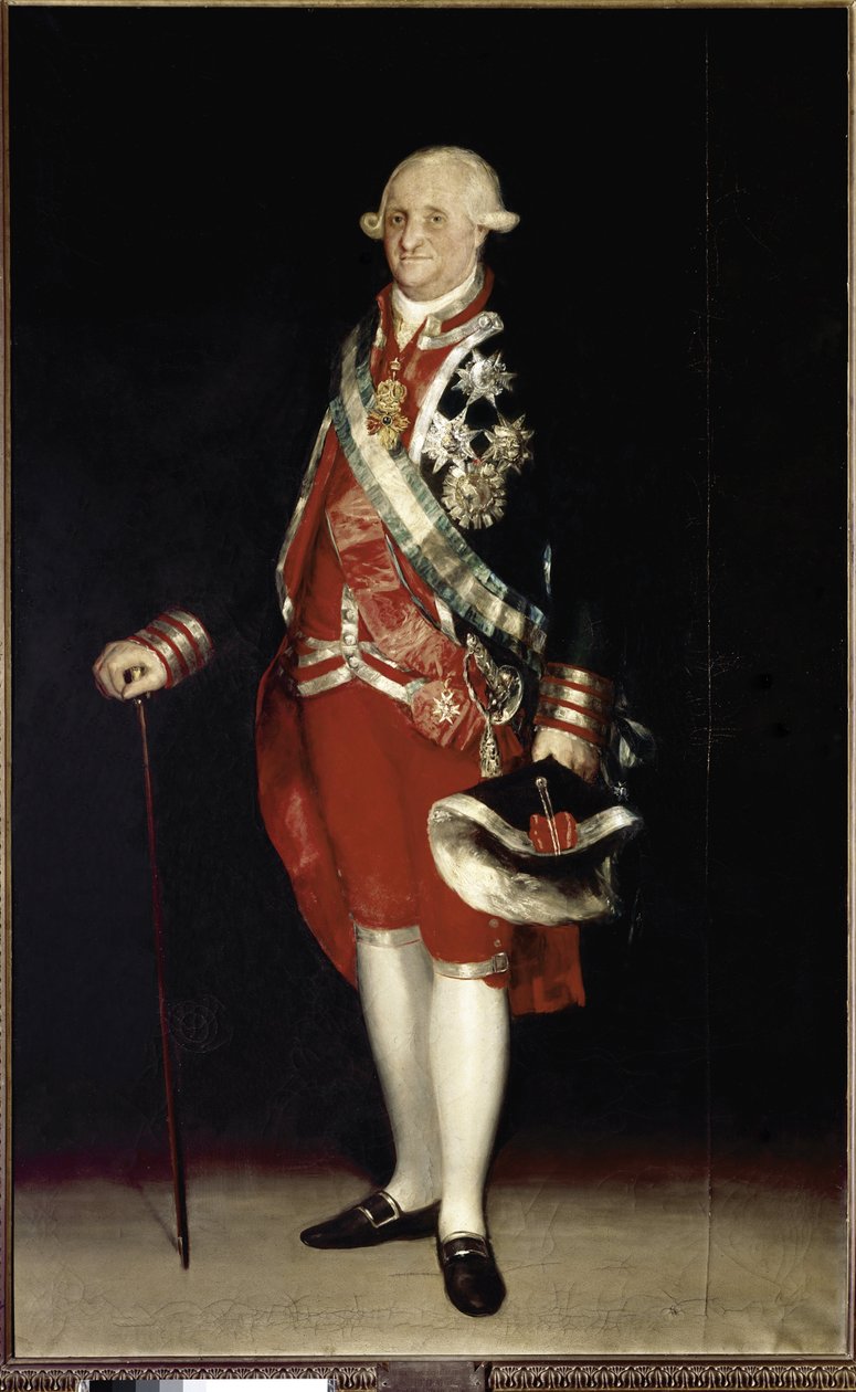 Hellängdsporträtt av Karl IV, kung av Spanien. (olja på duk av Francisco de Goya