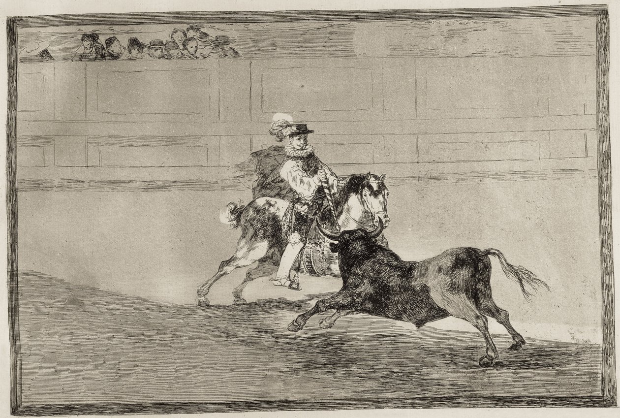 GOYA Y LUCIENTES, Francisco de (1746-1828). En spansk riddare i ringen bryter korta spjut utan hjälp av assistenter. 1816. Etsning. SPANIEN. MADRID (AUTONOMA GEMENSKAPEN). Madrid. Nationalbiblioteket av Francisco Jose de Goya y Lucientes