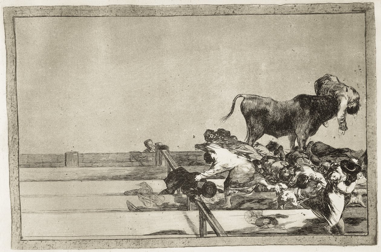 GOYA Y LUCIENTES, Francisco de (1746-1828). Fruktansvärda händelser på de främre raderna i ringen i Madrid och borgmästarens död 1801. 1816. Skylt 21 av "Konsten att tjurfäktning". Etsning. SPANIEN. MADRID (AUTONOMA GEMENSKAPEN). Madrid. Nationell av Francisco Jose de Goya y Lucientes